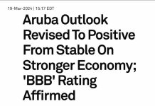Minister di Finanzas Xiomara Maduro ta informa: Compania di rating Standard and Poor’s ta ‘upgrade’ Aruba su rating di ‘stable’ pa ‘positive’