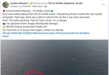 Usuario riba Facebook a bati alarma pa derame di azeta na sitio di naufragio di SS Antilla