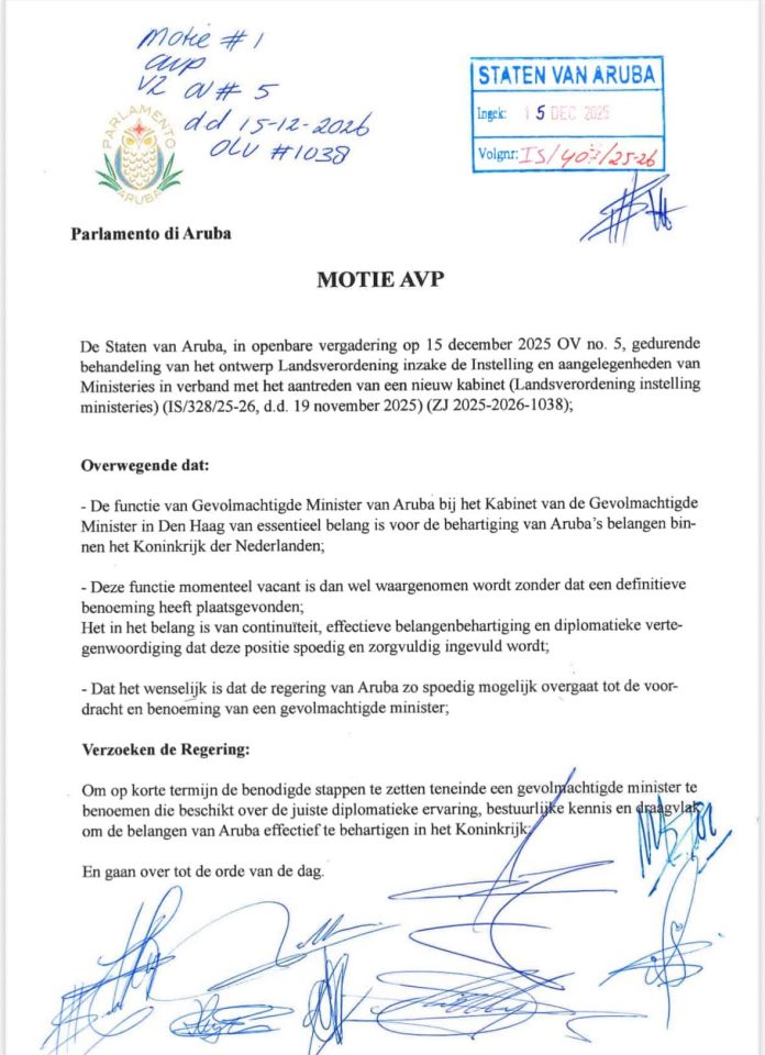 Urgencia pa nombramento di minister Plenipotenciario na Hulanda den Parlamento (1)