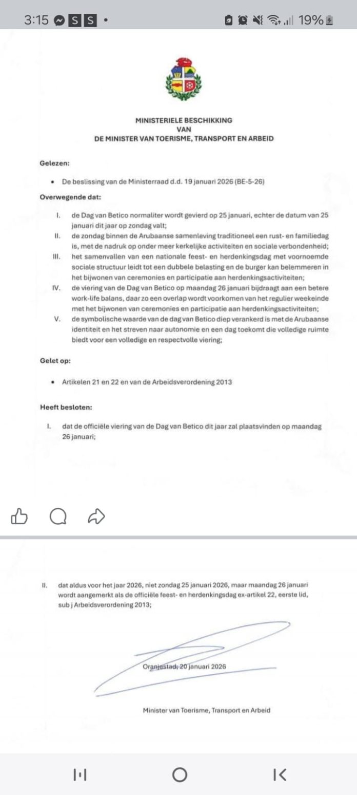 Gobierno a crea confusion tocante celebracion di Dia di Betico (1)