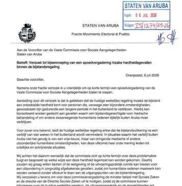 Comunicado di prensa Hendrik Tevreden (MEP) ta pidi reunion di urgencia tocante e ley di onderstand den caso di estadia for di Aruba pa motibo humanitario
