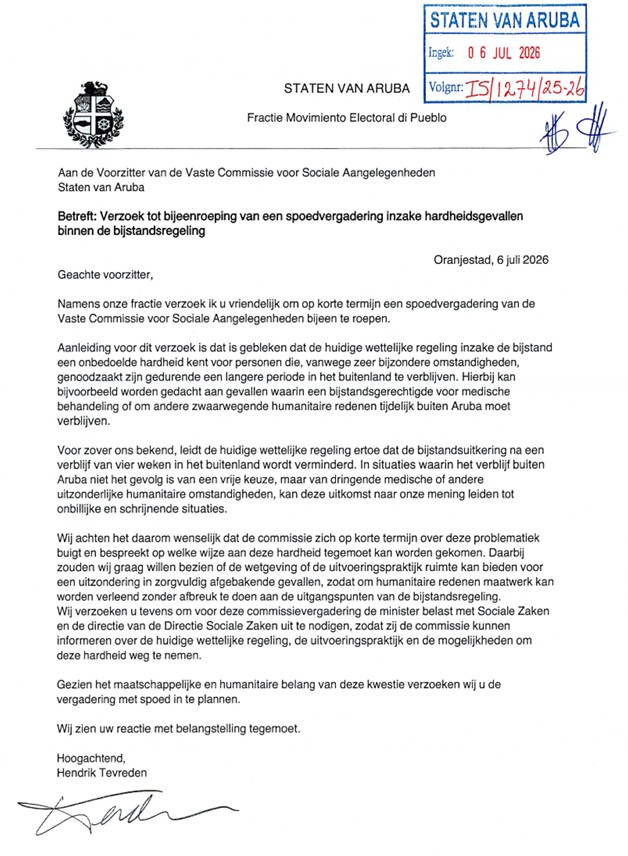 Hendrik Tevreden (MEP) ta pidi reunion di urgencia tocante e ley di onderstand den caso di estadia for di Aruba pa motibo humanitario (2)