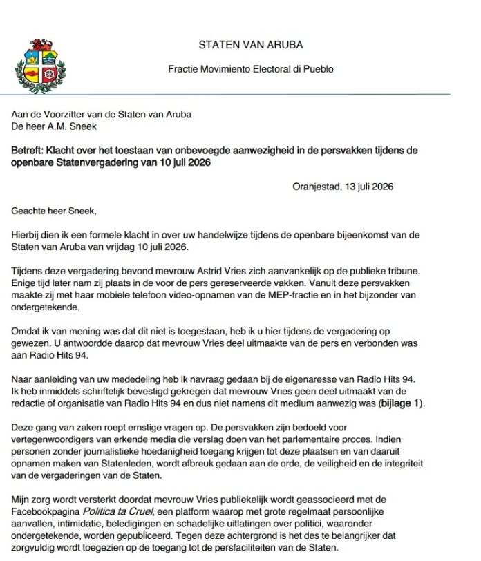 Wever-Croes ta cuestiona acceso na area di Parlamento reserva pa prensa (2)